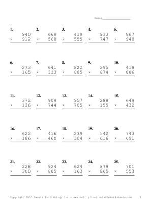 Triple Digits Problem Set H Multiplication Worksheet