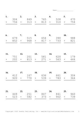 Triple Digits Problem Set I Multiplication Worksheet