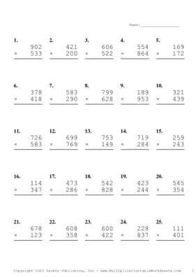 Triple Digits Problem Set K Multiplication Worksheet