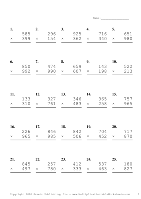 Triple Digits Problem Set M Multiplication Worksheet