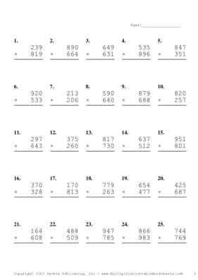 Triple Digits Problem Set N Multiplication Worksheet