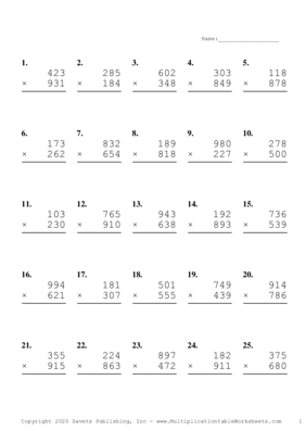 Triple Digits Problem Set O Multiplication Worksheet