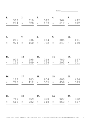 Triple Digits Problem Set P Multiplication Worksheet