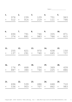 Triple Digits Problem Set R Multiplication Worksheet