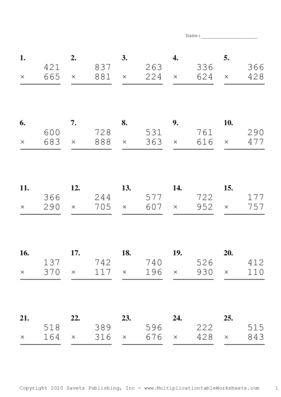 Triple Digits Problem Set S Multiplication Worksheet