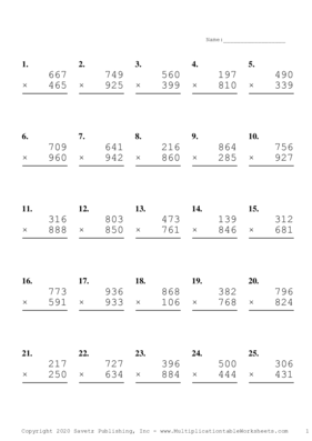 Triple Digits Problem Set T Multiplication Worksheet