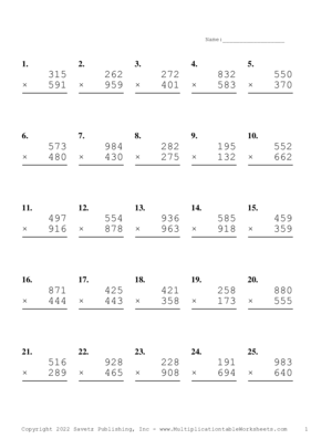 Triple Digits Problem Set V Multiplication Worksheet