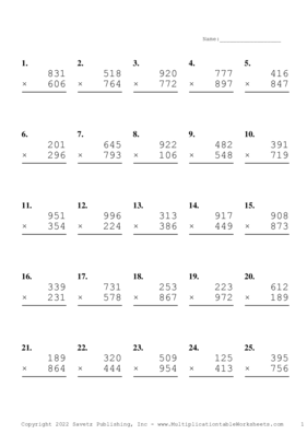 Triple Digits Problem Set W Multiplication Worksheet