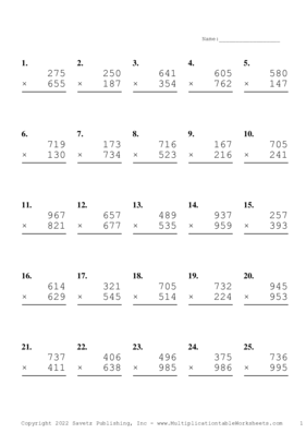 Triple Digits Problem Set X Multiplication Worksheet