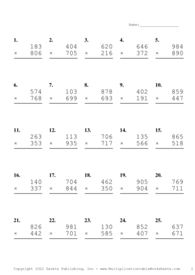 Triple Digits Problem Set Y Multiplication Worksheet