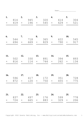 Triple Digits Problem Set Z Multiplication Worksheet