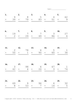 Two by One Digit Problem Set A Multiplication Worksheet
