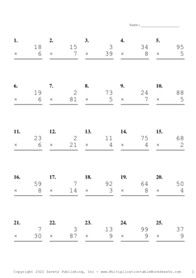 Two by One Digit Problem Set AA Multiplication Worksheet