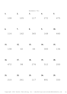 Two by One Digit Problem Set AA Answers