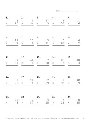 Two by One Digit Problem Set AB Multiplication Worksheet
