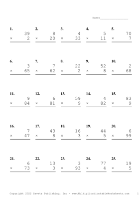 Two by One Digit Problem Set AC Multiplication Worksheet