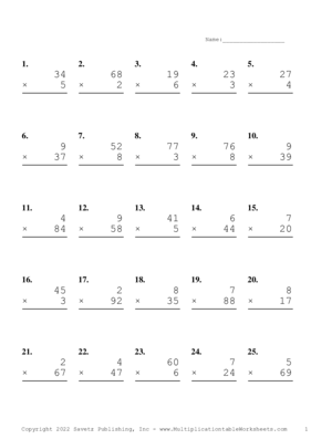Two by One Digit Problem Set AE Multiplication Worksheet