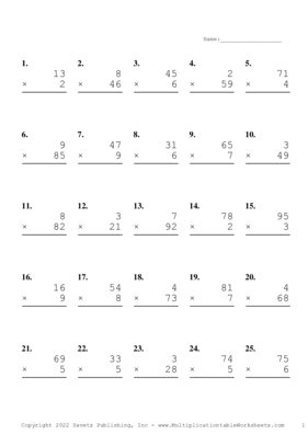 Two by One Digit Problem Set AF Multiplication Worksheet