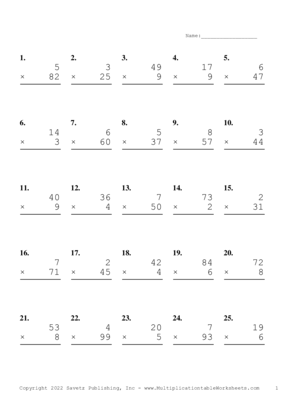 Two by One Digit Problem Set AG Multiplication Worksheet