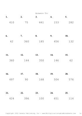 Two by One Digit Problem Set AG Answers