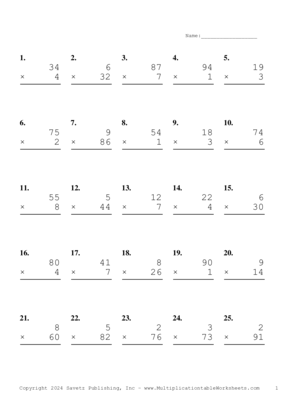 Two by One Digit Problem Set AH Multiplication Worksheet