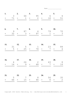 Two by One Digit Problem Set AI Multiplication Worksheet