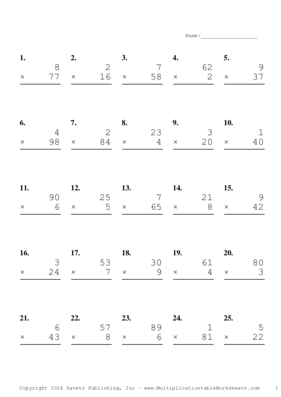 Two by One Digit Problem Set AJ Multiplication Worksheet