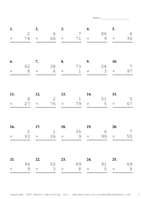 Two by One Digit Problem Set AO Multiplication Worksheet