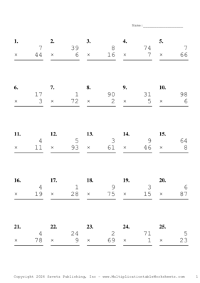 Two by One Digit Problem Set AQ Multiplication Worksheet