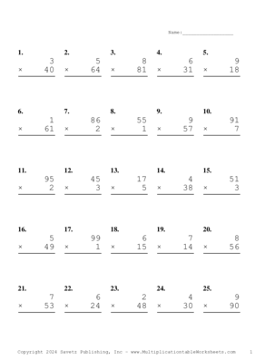 Two by One Digit Problem Set AR Multiplication Worksheet