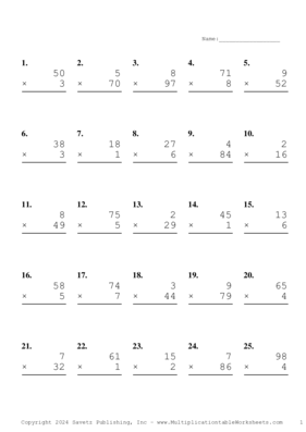 Two by One Digit Problem Set AS Multiplication Worksheet