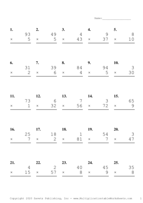 Two by One Digit Problem Set B Multiplication Worksheet