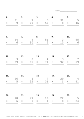 Two by One Digit Problem Set C Multiplication Worksheet