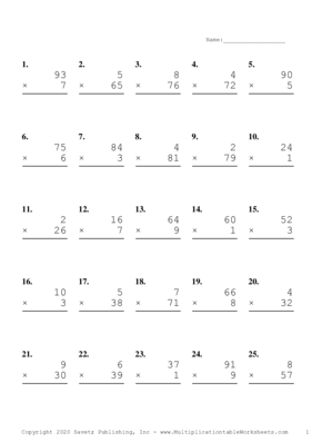 Two by One Digit Problem Set D Multiplication Worksheet