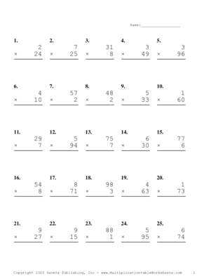 Two by One Digit Problem Set E Multiplication Worksheet