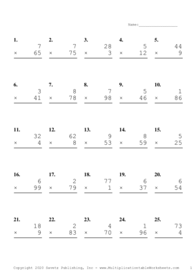 Two by One Digit Problem Set F Multiplication Worksheet