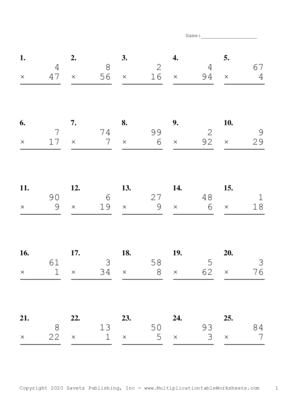 Two by One Digit Problem Set G Multiplication Worksheet