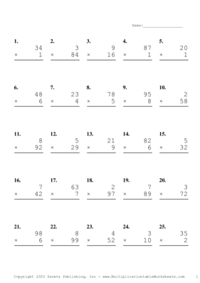 Two by One Digit Problem Set I Multiplication Worksheet