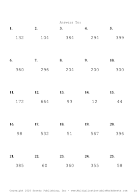 Two by One Digit Problem Set J Answers