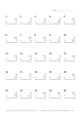 Two by One Digit Problem Set L Multiplication Worksheet