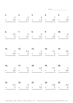 Two by One Digit Problem Set M Multiplication Worksheet