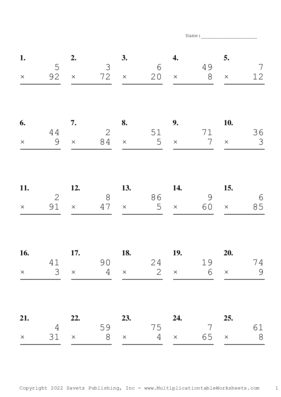 Two by One Digit Problem Set N Multiplication Worksheet