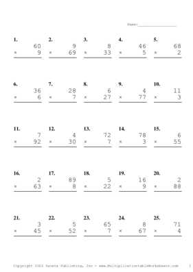 Two by One Digit Problem Set O Multiplication Worksheet