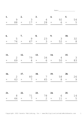 Two by One Digit Problem Set P Multiplication Worksheet