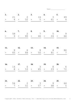 Two by One Digit Problem Set Q Multiplication Worksheet