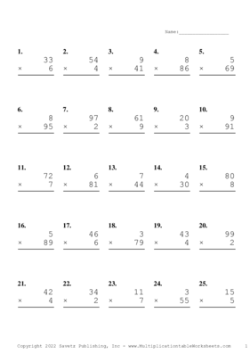 Two by One Digit Problem Set R Multiplication Worksheet