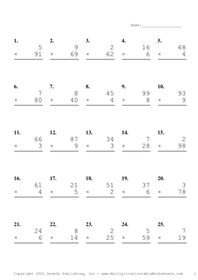 Two by One Digit Problem Set S Multiplication Worksheet