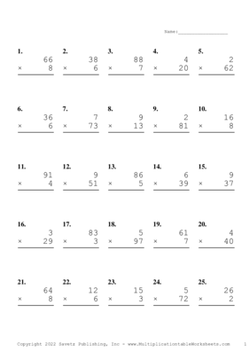 Two by One Digit Problem Set T Multiplication Worksheet