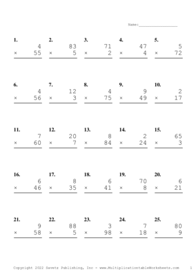 Two by One Digit Problem Set U Multiplication Worksheet