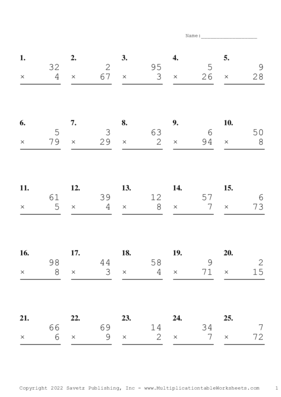 Two by One Digit Problem Set W Multiplication Worksheet
